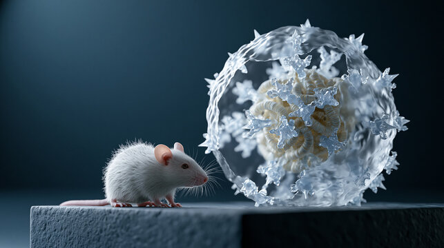 White Laboratory Mouse Beside Large Microscopic Virus Model on Dark Background