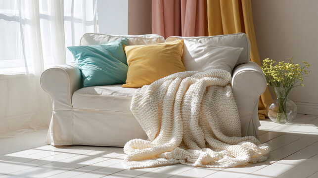 Cozy White Sofa with Blankets and Colorful Pillows in Sunlit Living Room