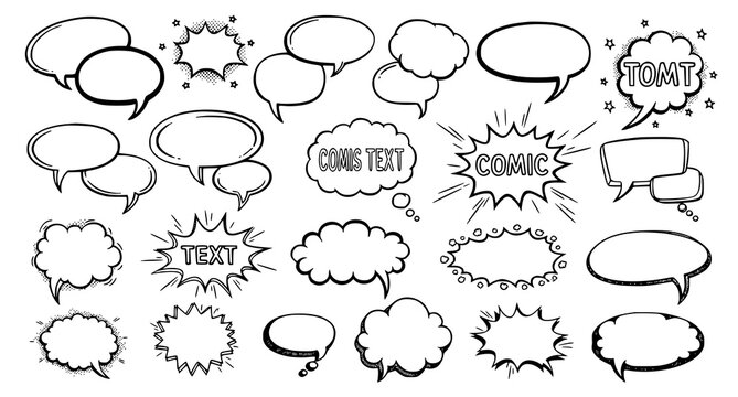 Comic speech bubble doodle vector set with retro 90s dialogue and text box graphics