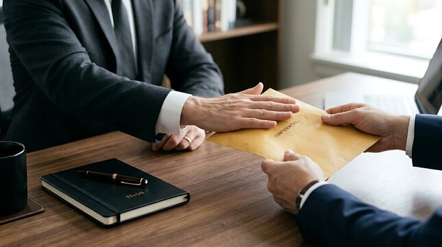Businessman refusing confidential envelope on desk symbolizing protection against corporate espionage and bribery