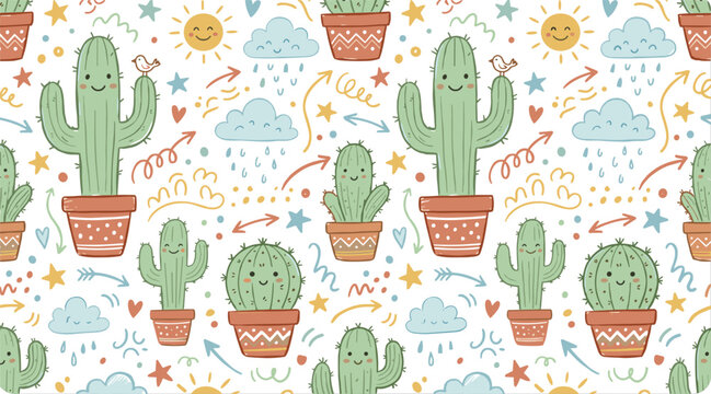Cute Kawaii Cactus Seamless Pattern with Smiling Succulent Sun Cloud Star Heart Bird for Kids Fabric Wallpaper and Surface Design