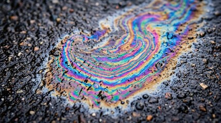 Obraz premium A rainbow-colored oil spill lies on the ground, creating a striking pattern.