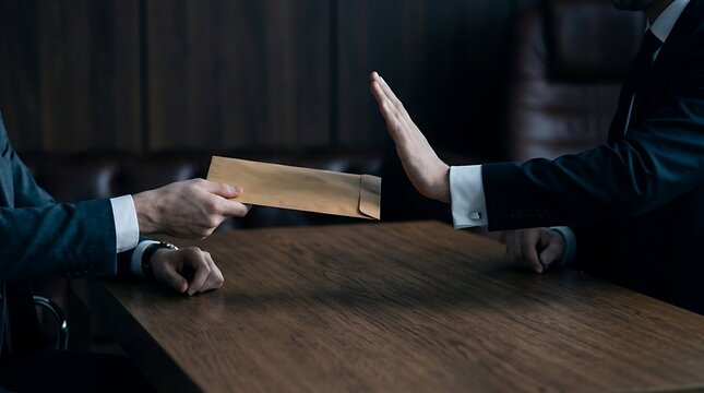 Man in suit showing stop gesture to envelope symbolizing ethical stand against dark money