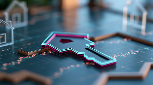 Glowing House Key on Digital Real Estate Map with Home Icons