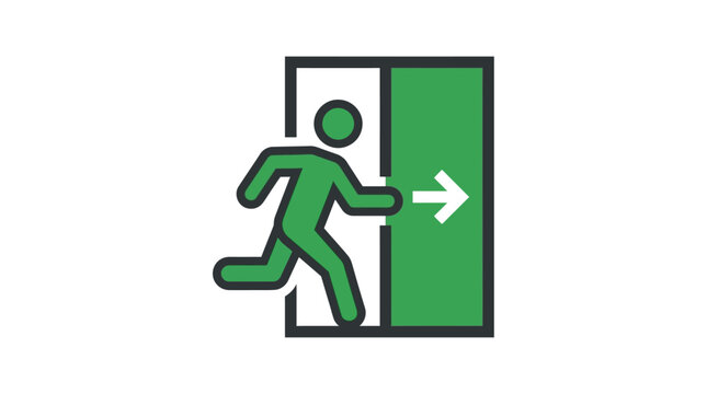 Emergency exit sign with person running through an open door