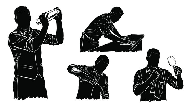 Professional bartender silhouette set illustrating hospitality and bar service skills