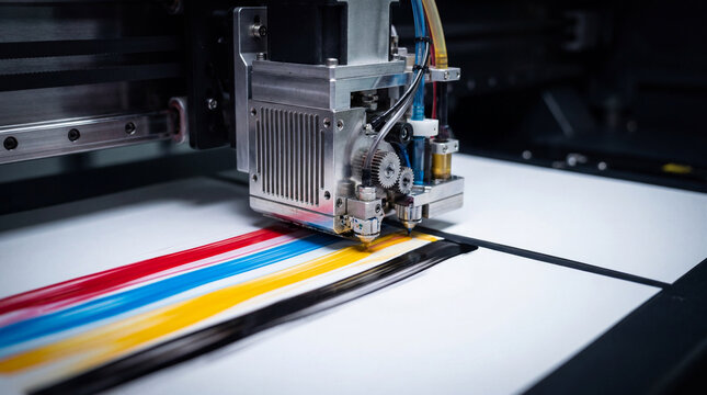 Close-up of an industrial printer head applying vibrant CMYK ink on a substrate, showcasing modern printing technology