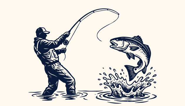 Angler reeling in a jumping redfish vector art for fishing apparel and outdoor club branding