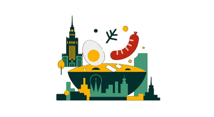 Naklejka premium Colorful cityscape illustration with breakfast sausage and egg.
