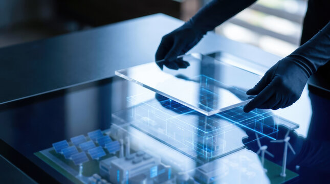 Futuristic smart city model with solar panels and wind turbines being examined by hands wearing gloves on dark table