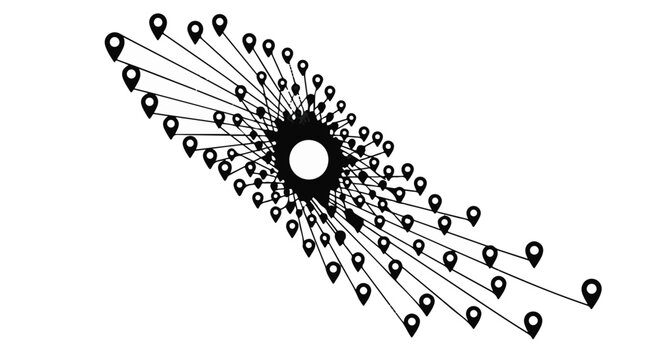 black map pins radiating from a central point