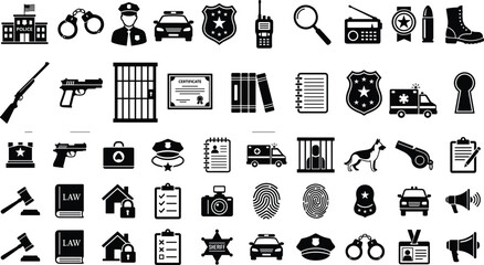 Police Security and Law Enforcement Icon Collection Featuring Patrol Equipment Investigation and Emergency Service Symbols © MDSHAHIDUL