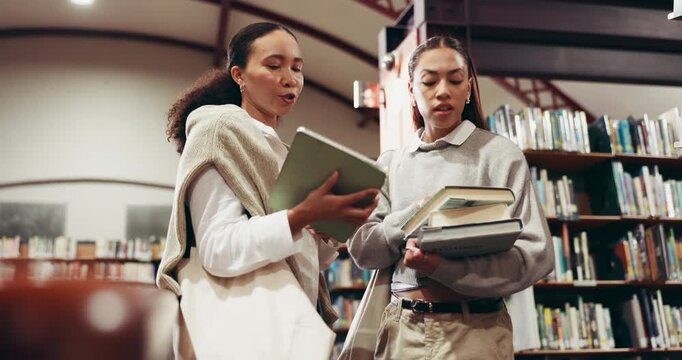 Tablet, women or talking in library with books for college, language course or studying literature. Tech, student or people in bookshop with discussion for textbook, reading or university assignment.