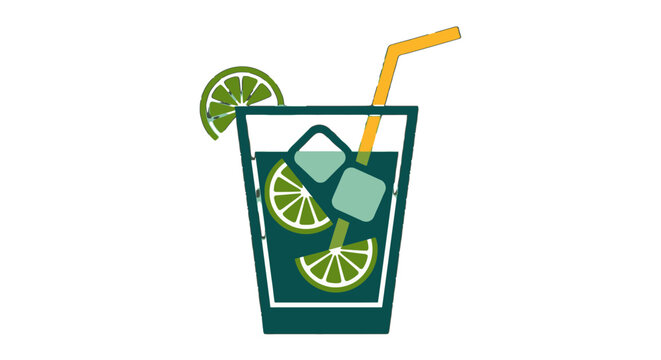 Refreshing citrus lemonade drink with ice cubes and straw.