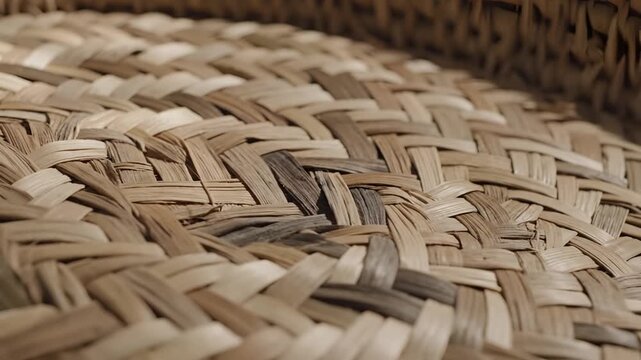Closeup of woven palm leaf basket texture with natural earthy tones.
