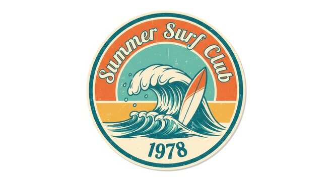 Vintage Summer Surf Club 1978 Emblem with Wave and Surfboard.