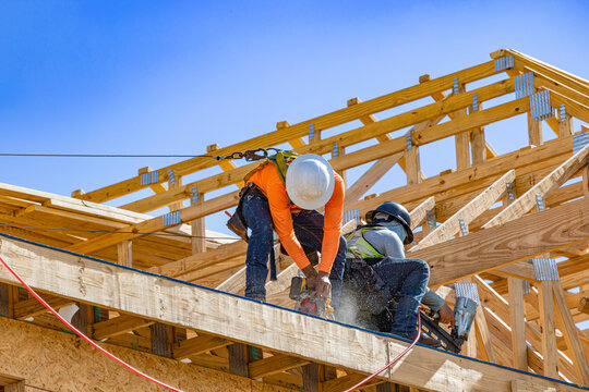 A wide horizontal view showing two construction workers wearing safety harnesses and hard hats while installing and securing wooden roof trusses on a new building framing structure under a clear blue 
