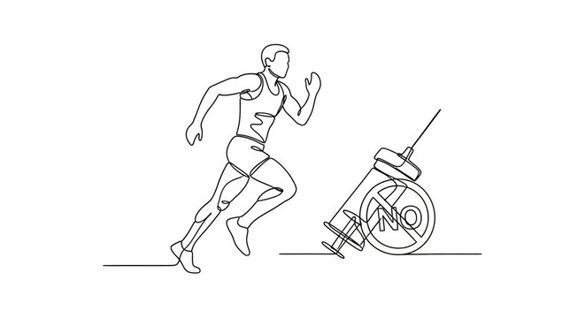 Athlete running past a syringe with a no symbol, representing doping in sports, drawn in a continuous line style.