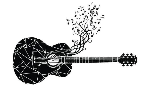 guitar with musical notes and tree silhouette vector illustration