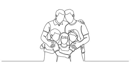 Fototapeta premium Minimalist Line Art Family Portrait: Two Dads, Two Kids Embracing Warmly