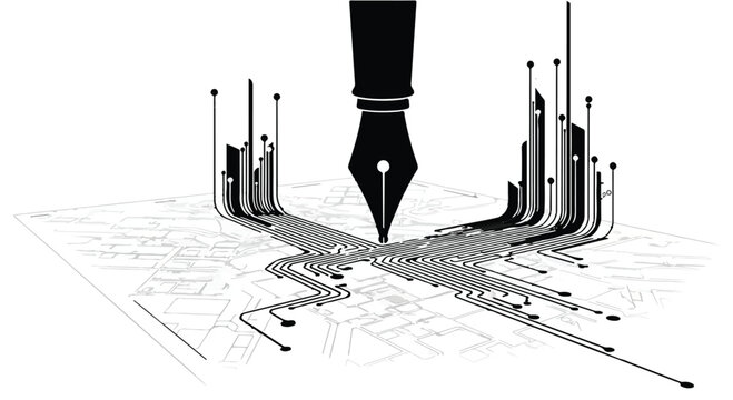 Fountain pen nib creating artistic lines on paper background