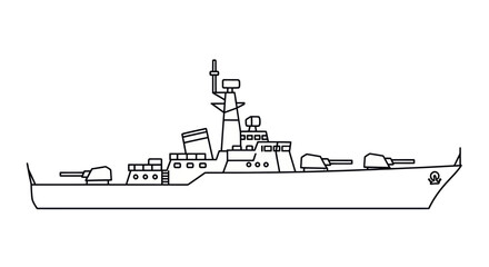 Outline Illustration of a Modern Warship with Cannons and Antennas © gan