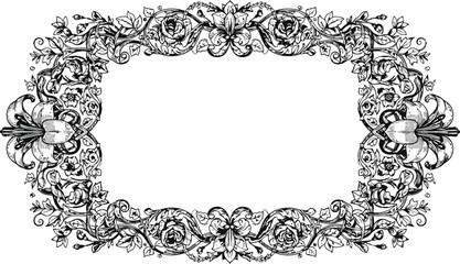 Obraz premium Ornate floral border with swirling vines and rose motifs in detailed black line art on white background for elegant design