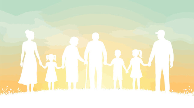 A multi-generational family silhouette vector illustration showing people holding hands together in a bright outdoor setting