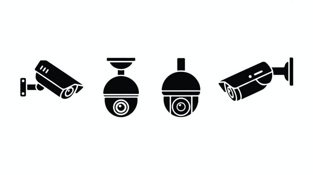 Four black-and-white security cameras are shown with various designs.