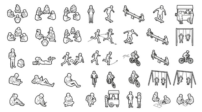 Isometric Park and Playground Activities Plan with Children Playing, Cycling, and Skateboarders Line Art Vector Set