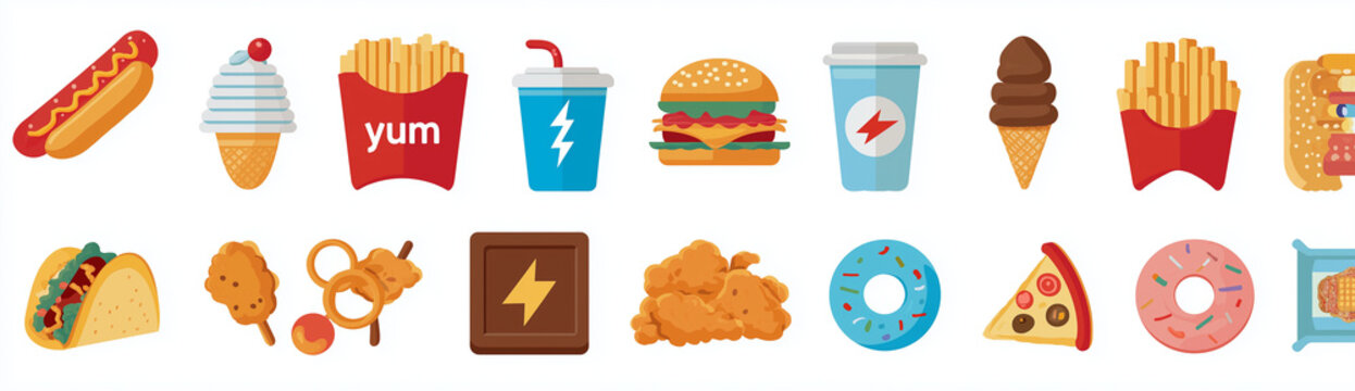 a white background features two rows of flat design fast food illustrations. the top row shows a hot dog, corn dogs