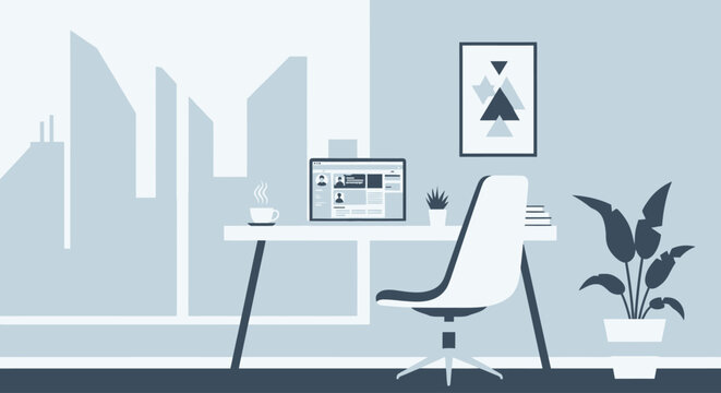 Modern minimalist office workspace vector, flat design home office interior with city view, professional remote work desk setup with laptop and plant