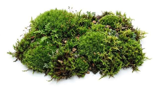 Natural green moss clump isolated on white background, organic forest moss texture, lush botanical bryophyte element for design and composting