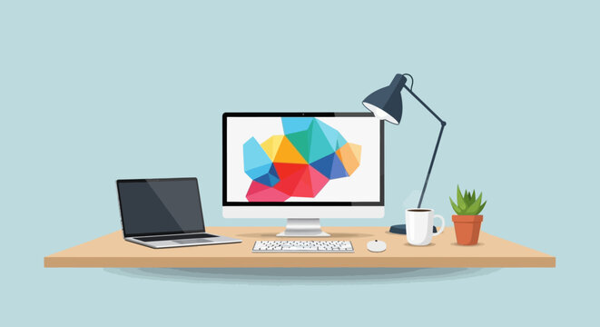 Modern creative workspace with desktop computer and laptop, minimalist home office desk setup, flat vector illustration of designer workstation