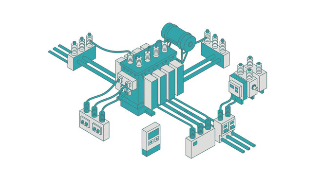 Isometric illustration of an electrical power transformer and distribution network components.