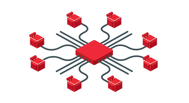 Isometric illustration of a central processing unit (CPU) or hub connected to multiple peripheral components, representing a network or distributed system architecture.