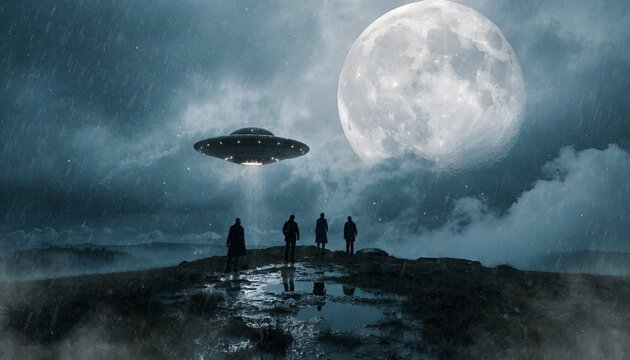 UFO landing with figures watching under a full moon, mysterious alien encounter
