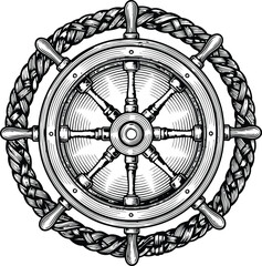 Ornate nautical ship's wheel with thick braided rope detail in a classic engraving style © Ishtiaq