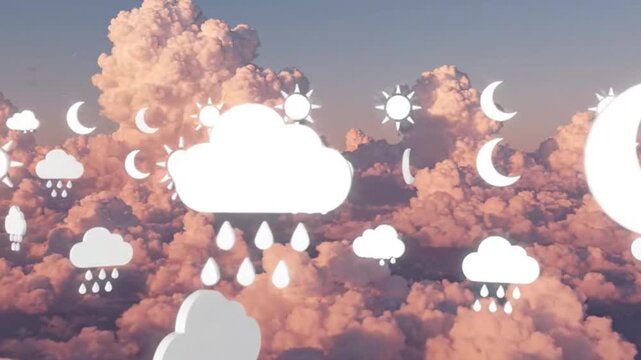 Weather Forecast Icons Floating in Cloudy Sky Background - Weather Apps  Forecasts