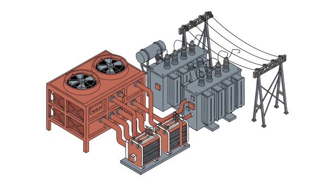 Isometric illustration of an industrial power substation with a large transformer and associated cooling or heat exchange units, connected to overhead power lines.
