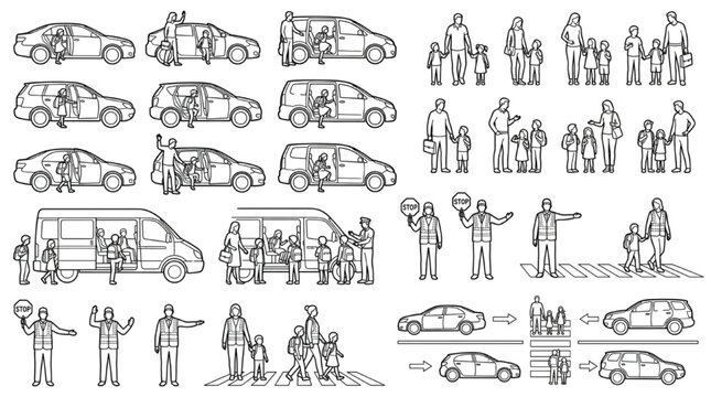School Zone Safety and Traffic Diagram Vector Set with Car Dropoff Line Art and Architectural Scale Figures