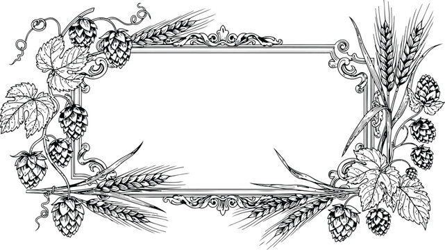 Ornate rectangular frame with hops and wheat ears for design elements