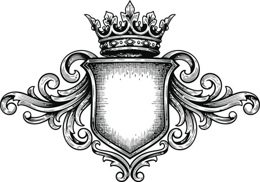Ornate shield crest with regal crown and swirling acanthus scrollwork in a vintage engraving style