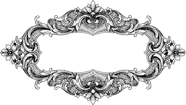 Ornate Victorian floral filigree oval frame with intricate scrollwork and floral embellishments in a detailed black and white illustration