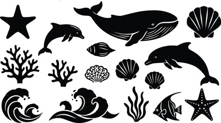 Sea Life Vector Icon Set with Whale, Dolphin, Sea Shell, and Ocean Wave © MST SUYARA