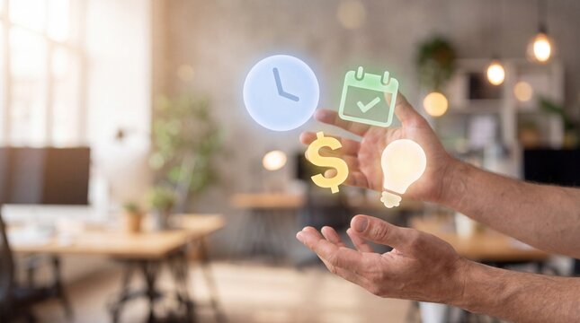 Hands juggling glowing icons time money ideas work balance concept