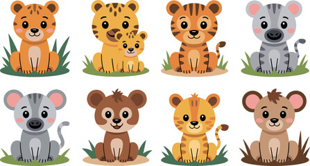 Cute cartoon baby wild animals illustration set with tigers monkeys cheetahs and lemurs © Imran