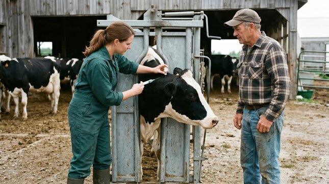 Woman administering veterinary care to dairy cow in headlock chute while farmer observes near barn entrance on farmyard