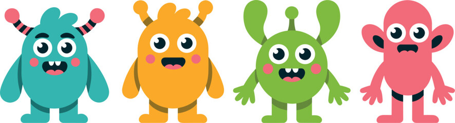 Cute cartoon monster characters set with friendly colorful aliens isolated on white background © Imran