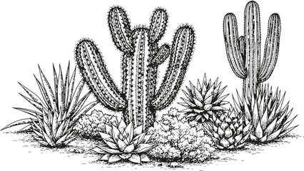 Pen and ink a desert landscape with various cacti and succulents © Ishtiaq